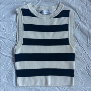 Zara Cream & Navy striped high neck cropped tank top